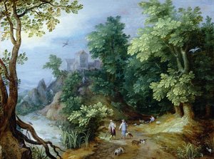 Landschaft mit Jägern und Hunden von Paul Bril