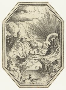 Landschaft mit Steinbrücke im achteckigen Rahmen von Paul Bril