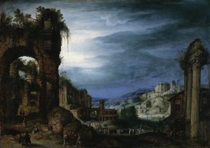 Römische Ruinenlandschaft mit einer Prozession von Paul Bril
