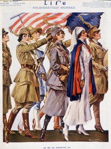 Amerikanische Frauen (Soldaten, Bauern, Krankenschwestern) fliegen mit Flagge, von Stahr (1883-1953) - Kuh. „„Life““ vom 06/02/1919 von Paul C. Stahr