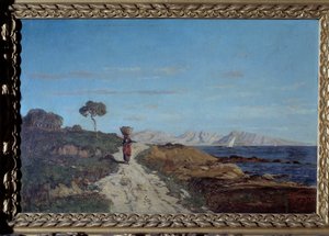 Um Marseille im Jahr 1866: Meereslandschaft mit Frau, die einen Korb auf dem Kopf trägt und auf einer Straße geht. Gemälde von Paul Camille Guigou (1834-1871). 1866. Kurios. Perigord Museum von Paul Camille Guigou