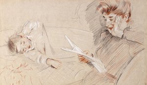 Madame Helleu liest, mit Paulette neben ihr auf einem Sofa liegend von Paul Cesar Helleu