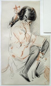 Paulette liest auf ihrem Spielzeughund sitzend von Paul Cesar Helleu
