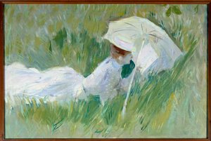 Porträt von Madame Helleu, Ehefrau des Malers, im Gras Gemälde von Paul Cesar Helleu vor 1927, Öl auf Leinwand, Rouen, Museum der Schönen Künste von Paul Cesar Helleu
