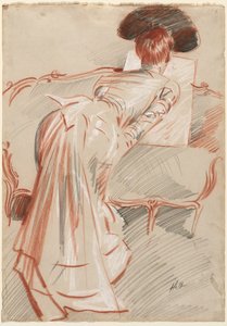 Frau, möglicherweise Madame Alice Hellu, betrachtet eine Zeichnung, um 1895 von Paul Cesar Helleu