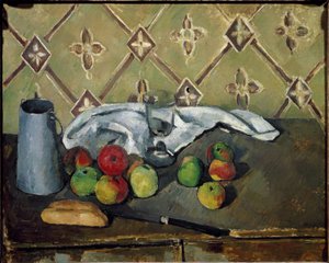 Früchte, Serviette und Milchbox von Paul Cézanne