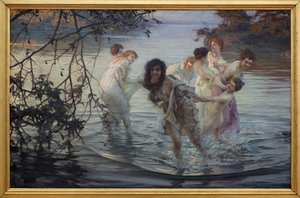 Fröhliche Spiele. Junge Frauen haben Spaß beim Schwimmen im Fluss. Gemälde von Paul Emile Chabas (1869-1937), Öl auf Leinwand, ca. 1899. Museum der Schönen Künste von Nantes von Paul Chabas