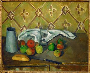 Stillleben (Früchte, Serviette und Milchkännchen) von Paul Cézanne