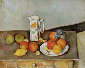 Stillleben: Milchkanne und Früchte auf einem Tisch von Paul Cézanne