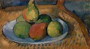 Obstteller auf einem Stuhl von Paul Cézanne