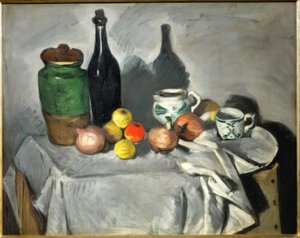 Stillleben (Früchte und Geschirr) von Paul Cézanne