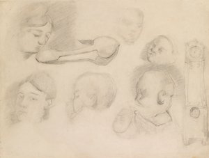 Studien eines Kinderkopfes, eines Frauenkopfes, eines Löffels und einer Standuhr, ca. 1872 von Paul Cézanne