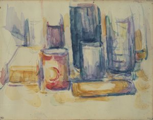 Küchentisch: Töpfe und Flaschen von Paul Cézanne