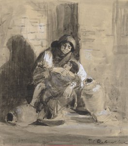 Sitzende jüdische Frau aus Gaza, mit ihrem Kind und zwei großen Krügen von Paul Delaroche