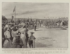 Die Militärparade und Inspektion der Streitkräfte von New South Wales durch den Gouverneur Sir Robert Duff und Generalmajor Hutton im Centennial Park, Sydney von Paul Destez
