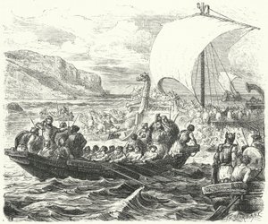 Phönizische Schiffe landen an einer Küste (Gravur) von Paul Dominique Philippoteaux