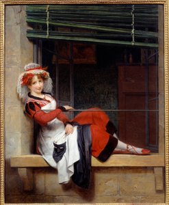 Das Warten auf die Maskenball Ein junges Mädchen sitzt am Fenster