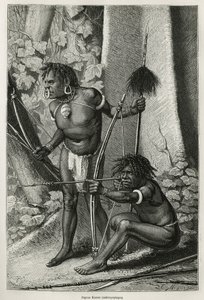 Porträts von zwei Papuas Karons, Kannibalen, Gravur von E. Mesples, zur Illustration der Reise nach Neuguinea von Achille Raffray, beauftragt mit einer wissenschaftlichen Mission durch das Ministerium für öffentliche Bildung, 1876-1877, veröffentlicht in „ von Paul Eugene (after) Mesples