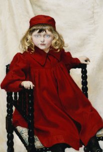 Porträt von Harriet Fischer, kleine Dreiviertellänge, in rotem Kleid, 1896