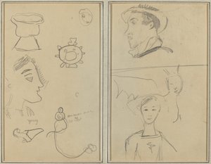 Eine Karikatur und fünf Formen; Ein Mann im Profil, ein geflügeltes Wesen und ein Junge [verso] von Paul Gauguin