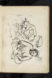 Vorher und nachher - Sitzende Frau, Katze mit Kätzchen und ein Schwein