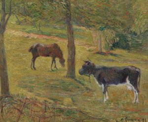 Kuh und Pferd auf einer Wiese von Paul Gauguin