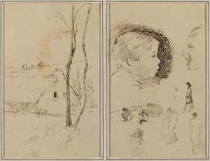 Landschaft mit einem Häuschen; Profil eines Jungen, Profil eines Mannes, zwei Frauen in einer Landschaft und fünf weitere Studien [verso] von Paul Gauguin