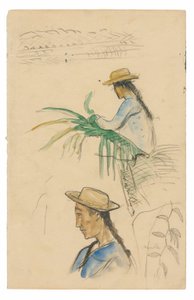 Skizzen von Figuren, Pandanusblatt und Vanillepflanze von Paul Gauguin