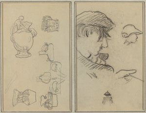 Studien von Krügen und Vasen; Ein Mann mit Schnurrbart und ein Junge mit Hut [recto] von Paul Gauguin