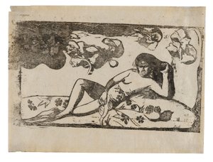 Te arii vahine—opoi (Frau mit Mangos—Müde), aus der Suite der späten Holzschnittdrucke von Paul Gauguin