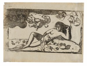 Te arii vahine—opoi (Frau mit Mangos—Müde), aus der Suite der späten Holzschnittdrucke von Paul Gauguin