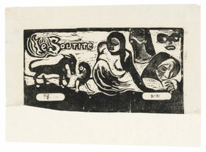 Drei Personen, eine Maske, ein Fuchs und ein Vogel, Kopfstück für Le sourire von Paul Gauguin