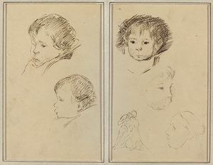 Zwei Studien eines Kinderkopfes; Zwei Studien eines Kinderkopfes, eine Frau im Profil und ein Mann, der mit einem Tier ringt von Paul Gauguin