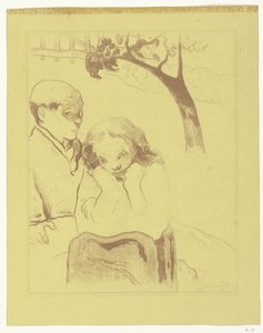 Traurige Frau sitzt bei einem Mann von Paul Gauguin