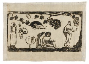 Frauen, Tiere und Laub, aus der Suite der späten Holzschnittdrucke von Paul Gauguin