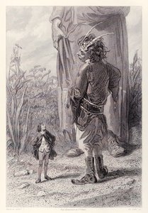 Gulliver trifft den 30 Fuß großen Zwerg der Königin, der sich freut, jemanden im Hof zu haben, der kleiner ist als er, um ihn zu quälen, aus der französischen Ausgabe von Gullivers Reisen von Jonathan Swift von Paul Gavarni