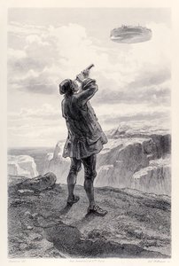 Gulliver sieht die fliegende Insel Laputa zum ersten Mal und untersucht sie durch sein Teleskop, aus der französischen Ausgabe von Gullivers Reisen von Jonathan Swift