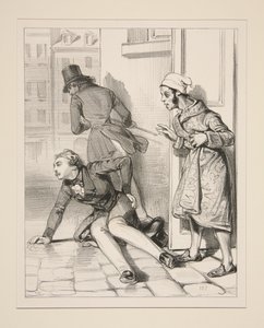 Monsieur Victor, der unter einem bestimmten Fenster flanierte, erhielt von Monsieur Prosper eine Menge Stockhiebe. von Paul Gavarni