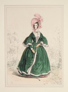 Pelisse aus grobkörnigem Stoff, gefüttert mit Satin und besetzt mit Krepp. Hut aus Plüsch.