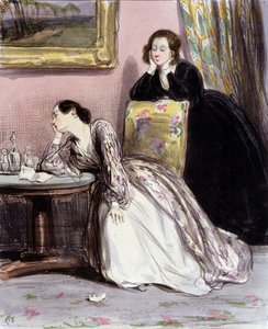 Zwei Frauen im Gespräch über Liebhaber, „Fourreries de femmes“, Gavarni, ca. 1840 von Paul Gavarni