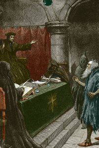 Inquisition und Vertreibung der Juden aus Spanien: ein spanischer Jude vor dem Großinquisitor um 1492 zur Zeit der Veröffentlichung des Dekrets von Alhambra - Illustration von Paul Hardy 1891