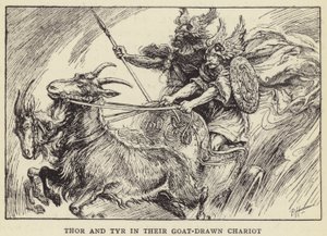 Thor und Tyr in ihrem von Ziegen gezogenen Wagen