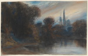 Eine Abtei an einem bewaldeten See bei Dämmerung von Paul Huet