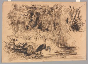 Waldteich mit Reiher von Paul Huet