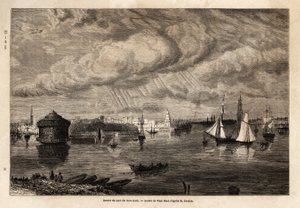 Der Eingang zum Hafen von New York, Zeichnung von Paul Huet (1803-1869), zur Illustration der Reisen nach Nordamerika in den Jahren 1854-1855 von L. Deville. Gravur in „Le tour du monde“ 1861. Sammlung Selva. von Paul Huet