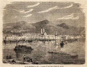 Ansicht von Montreal, Zeichnung von Paul Huet (1803-1869), zur Illustration der Reisen nach Nordamerika in den Jahren 1854-1855, von L. Deville. Gravur in „Le tour du monde“ 1861. Sammlung Selva.