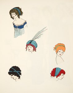 Entwürfe für Kopfbedeckungen, aus Les Robes de Paul Poiret, veröffentlicht 1908 von Paul Iribe