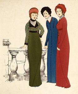 Drei Damen in Kleidern (Farblithographie)