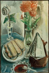 Stilleben mit Kaffeekanne, Blumen und Gebäck