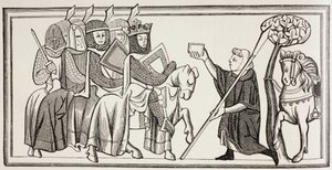 Ein Bote kommt mit einer Nachricht für einen König, der an der Spitze seiner Armee steht. Nach einer Illustration in einem Manuskript aus dem 13. Jahrhundert von Paul Lacroix